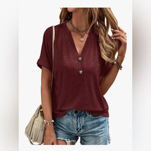 Fashionable V Neck Women's T Shirt with Button Feature for Casual Wear Size L